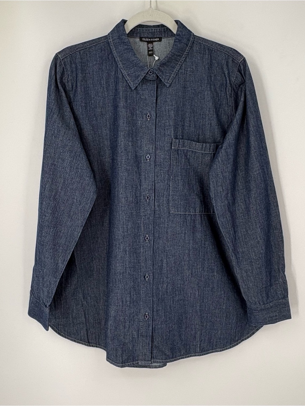Eileen Fisher Classic Collar Long Organic Cotton Denim Button Down Shirt Medium